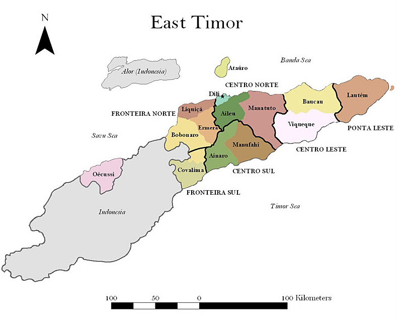 Map of East Timor's districts and resistance sectors, 1975-99.